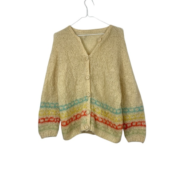 Vintage Mohair Cardigan Sweater Striped Hem Fuzzy Cozy Oversized Medium - Picture 7 of 7